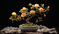 the smallest peach-colored bonsai rose plant, nestled in its designed pot