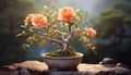 the smallest peach-colored bonsai rose plant, nestled in its designed pot