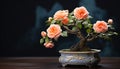 the smallest peach-colored bonsai rose plant, nestled in its designed pot