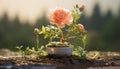 the smallest peach-colored bonsai rose plant, nestled in its designed pot