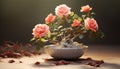 the smallest peach-colored bonsai rose plant, nestled in its designed pot