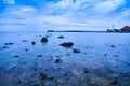 Smalll simple traditional building on the quiet pier harbor in the fresh morning sunrise air Royalty Free Stock Photo