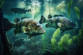 Smallmouth Bass Fish Underwater Lush Nature by Generative AI