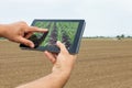 Smart agriculture. Farmer using tablet corn planting. Modern Agriculture concept. Royalty Free Stock Photo