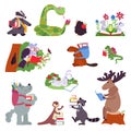 Smart animals. Wild animal with books, funny forest characters read. Isolated cartoon clever owl, raccoon snake, kids