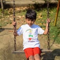 Smart Asian boy riding on swing in society park, happy boy play outdoors in summer, baby boy playing swing in the garden Royalty Free Stock Photo