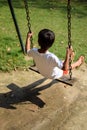 Smart Asian boy riding on swing in society park, happy boy play outdoors in summer, baby boy playing swing in the garden Royalty Free Stock Photo