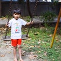 Smart Asian boy riding on swing in society park, happy boy play outdoors in summer, baby boy playing swing in the garden Royalty Free Stock Photo