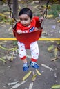 Smart Asian boy riding on swing in society park, happy boy play outdoors in summer, baby boy playing swing in the garden Royalty Free Stock Photo