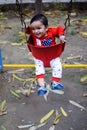 Smart Asian boy riding on swing in society park, happy boy play outdoors in summer, baby boy playing swing in the garden Royalty Free Stock Photo