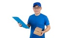 Smart Asian Chinese delivery guy in uniform delivering parcel Royalty Free Stock Photo