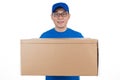 Smart Asian Chinese delivery guy in uniform delivering parcel Royalty Free Stock Photo