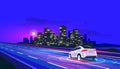 Smart Autonomous Driverless Electric Car Driving on Road to the City at Night with blurry Lights Royalty Free Stock Photo