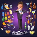 smart bartender mixing cocktail with alcoholic cocktail set. character design - vector