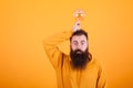 Smart bearded man holding light bulb on his head over yellow background Royalty Free Stock Photo