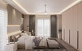 Smart Bedroom Allocated With Elegance Color, Cozy Furniture, Wall Closet, Classic Wall Decoration