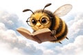 A smart bee with glasses is reading a book among the clouds. Royalty Free Stock Photo