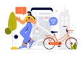 Smart Bike Vector Illustration featuring a Navigation App with a Map, Location Pin, and Tracking Mobile Applications Concept