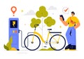 Smart Bike Vector Illustration featuring a Navigation App with a Map, Location Pin, and Tracking Mobile Applications Concept