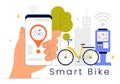 Smart Bike Vector Illustration featuring a Navigation App with a Map, Location Pin, and Tracking Mobile Applications Concept