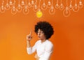 Smart black guy pointing finger up at light bulbs over orange background, collage