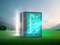 Smart book against green field under blue sky with clouds 3D rendering