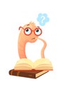 Smart bookworm. Cartoon book worm in glasses read with question, vector Royalty Free Stock Photo