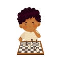 Smart Boy Character Playing Chess on Checkered Chessboard Vector Illustration