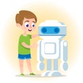 Smart Boy with Robot. Flat Vector Illustration. Royalty Free Stock Photo
