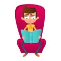 Smart boy sitting in a chair and reading a book cartoon style Royalty Free Stock Photo