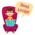 Smart boy sitting in a chair and reading a book. Read books. Royalty Free Stock Photo