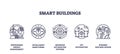 Smart buildings use icons for energy, monitoring, automation. Outline icons ...