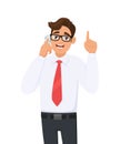 Smart business man speaking or talking on the mobile, cell, smart phone. Male character showing, gesturing, pointing up hand. Royalty Free Stock Photo