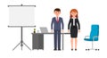 Smart business man and woman standing near office desk, flip chart and chair. Vector illustration of cartoon character people. Royalty Free Stock Photo