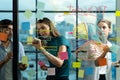 Smart business team working together, brainstorming idea at glass wall. Tracery. Royalty Free Stock Photo