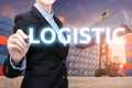 Smart business woman is writing Logistic word