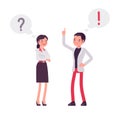 Smart businessman, businesswoman chatting, exclamation, question mark bubble Royalty Free Stock Photo