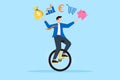 Smart businessman juggling finance on unicycle in flat design