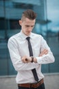 Smart businessman manager looking at watch, watch the time. business concept. Royalty Free Stock Photo