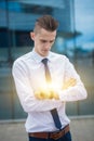 Smart businessman manager looking at watch, watch the time. business concept. Royalty Free Stock Photo