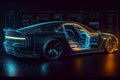 Smart car isometric hologram, in HUD style. Electric auto. Hologram car in low poly style, wireframe in line in the form