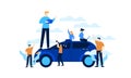 Smart car services mini people developing smart car flat illustration