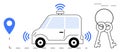 Smart Car with Wireless Connectivity, Location Pin, and Keys Representing Technology and Mobility Royalty Free Stock Photo