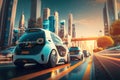 Smart cars with automatic sensor driving on metropolis with wireless connection. Generative AI Royalty Free Stock Photo