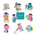 Smart cartoon owls and school education elements. Owl learning and writing pencil. Animal teacher and student in