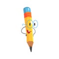 Smart cartoon yellow pencil character with hands on waist, humanized funny pencil vector Illustration