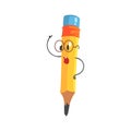 Smart cartoon yellow pencil character wearing glasses, humanized funny pencil vector Illustration