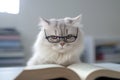 Smart cat with reading glasses and book. Royalty Free Stock Photo