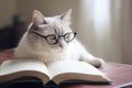 Smart cat with reading glasses and book. Generative AI Royalty Free Stock Photo