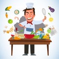 Smart chef character cooking behind kitchen table with various o